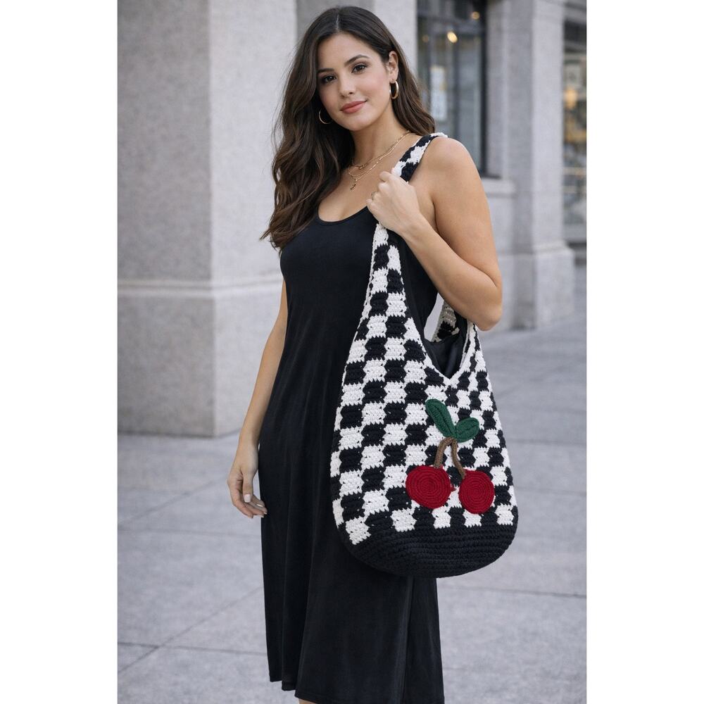 Handmade Crochet Hobo Bag Black White Checker Cherry Lined Shoulder Tote Boho